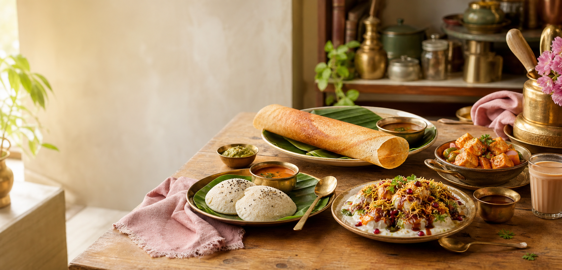 A warm Indian kitchen table with South Indian and Delhi-inspired dishes